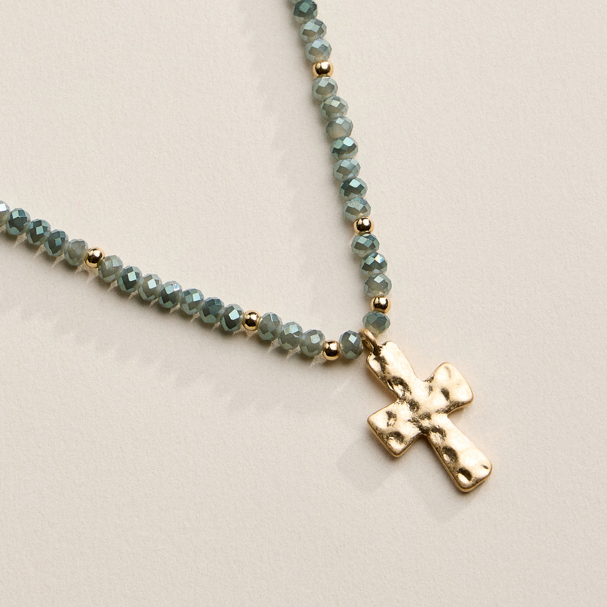 Beaded Cross Necklace for Women – Faceted Bead Necklace with Hammered Cross Pendant