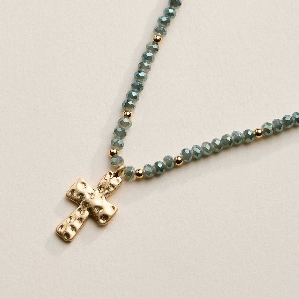 Beaded Cross Necklace for Women – Faceted Bead Necklace with Hammered Cross Pendant