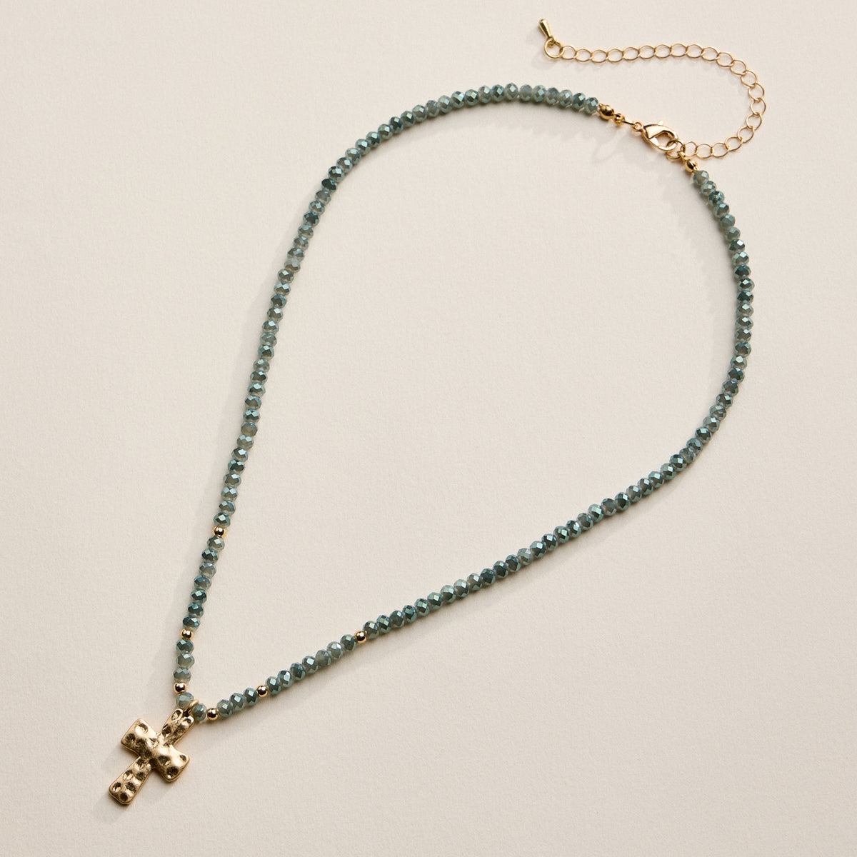 Beaded Cross Necklace for Women – Faceted Bead Necklace with Hammered Cross Pendant
