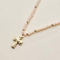 Beaded Cross Necklace for Women – Faceted Bead Necklace with Hammered Cross Pendant