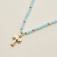 Beaded Cross Necklace for Women – Faceted Bead Necklace with Hammered Cross Pendant
