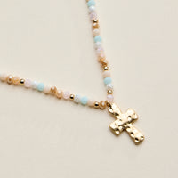 Beaded Cross Necklace for Women – Faceted Bead Necklace with Hammered Cross Pendant