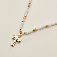 Beaded Cross Necklace for Women – Faceted Bead Necklace with Hammered Cross Pendant