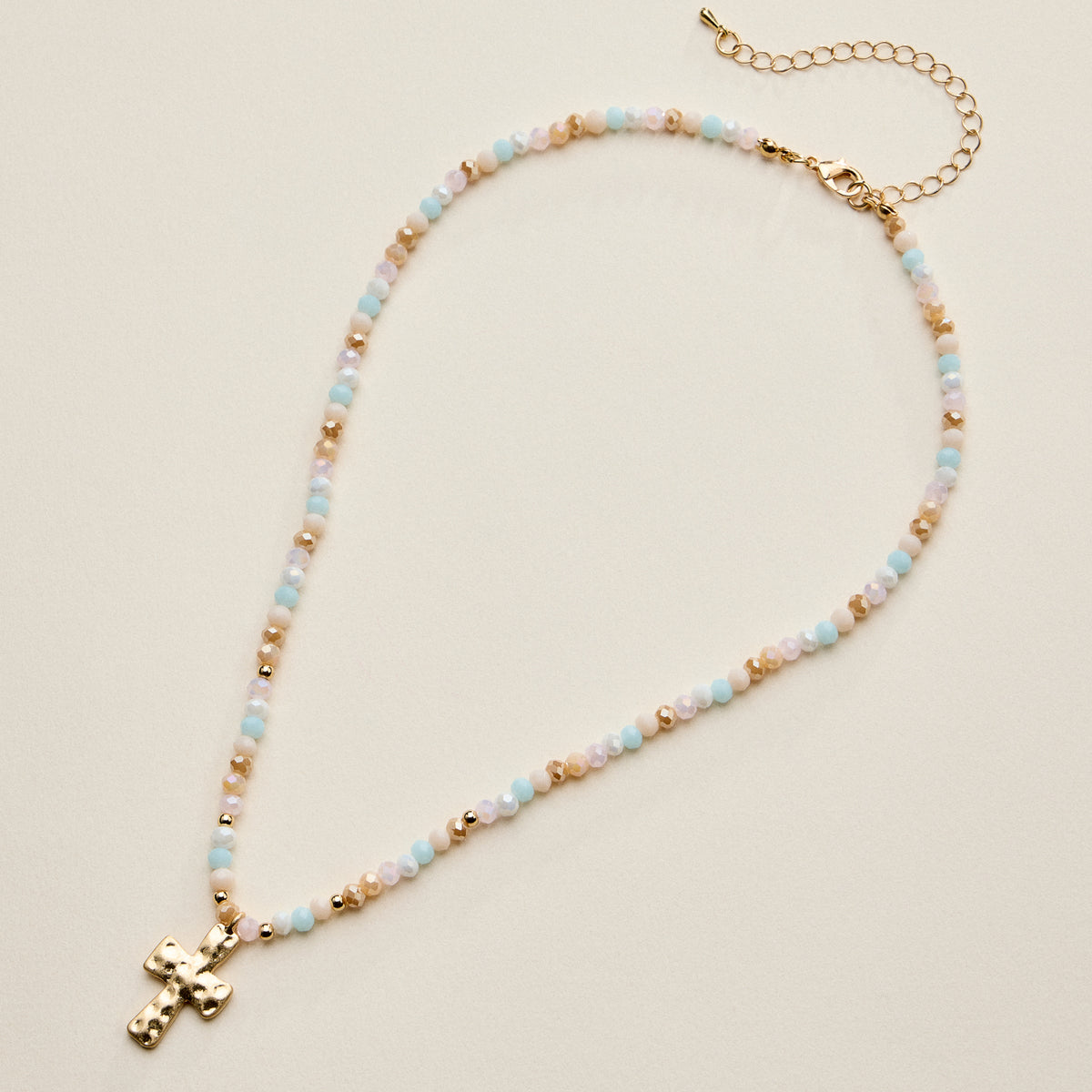 Beaded Cross Necklace for Women – Faceted Bead Necklace with Hammered Cross Pendant