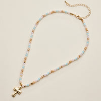 Beaded Cross Necklace for Women – Faceted Bead Necklace with Hammered Cross Pendant