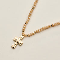 Beaded Cross Necklace for Women – Faceted Bead Necklace with Hammered Cross Pendant