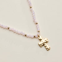 Beaded Cross Necklace for Women – Faceted Bead Necklace with Hammered Cross Pendant