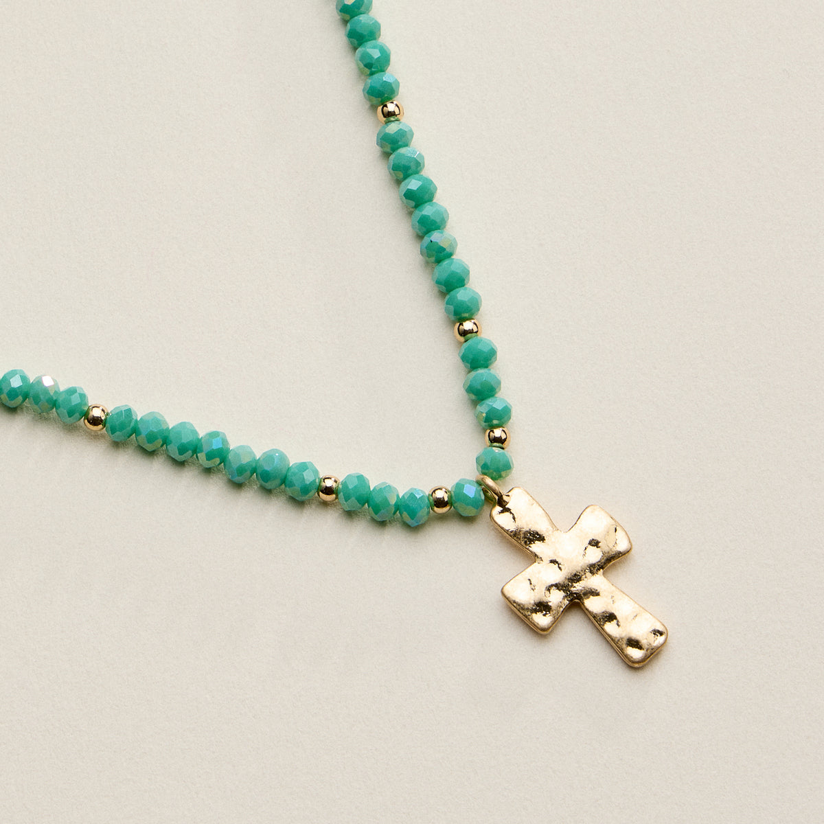 Beaded Cross Necklace for Women – Faceted Bead Necklace with Hammered Cross Pendant