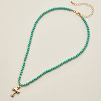 Beaded Cross Necklace for Women – Faceted Bead Necklace with Hammered Cross Pendant