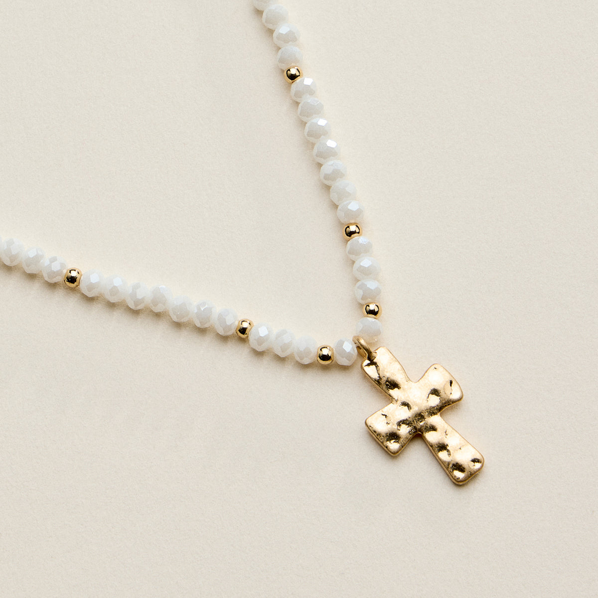 Beaded Cross Necklace for Women – Faceted Bead Necklace with Hammered Cross Pendant