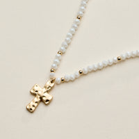 Beaded Cross Necklace for Women – Faceted Bead Necklace with Hammered Cross Pendant