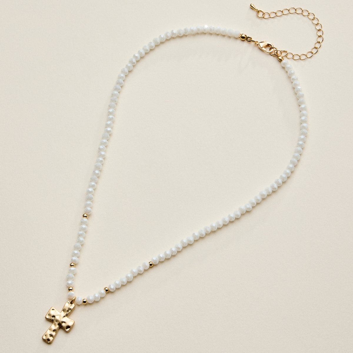 Beaded Cross Necklace for Women – Faceted Bead Necklace with Hammered Cross Pendant