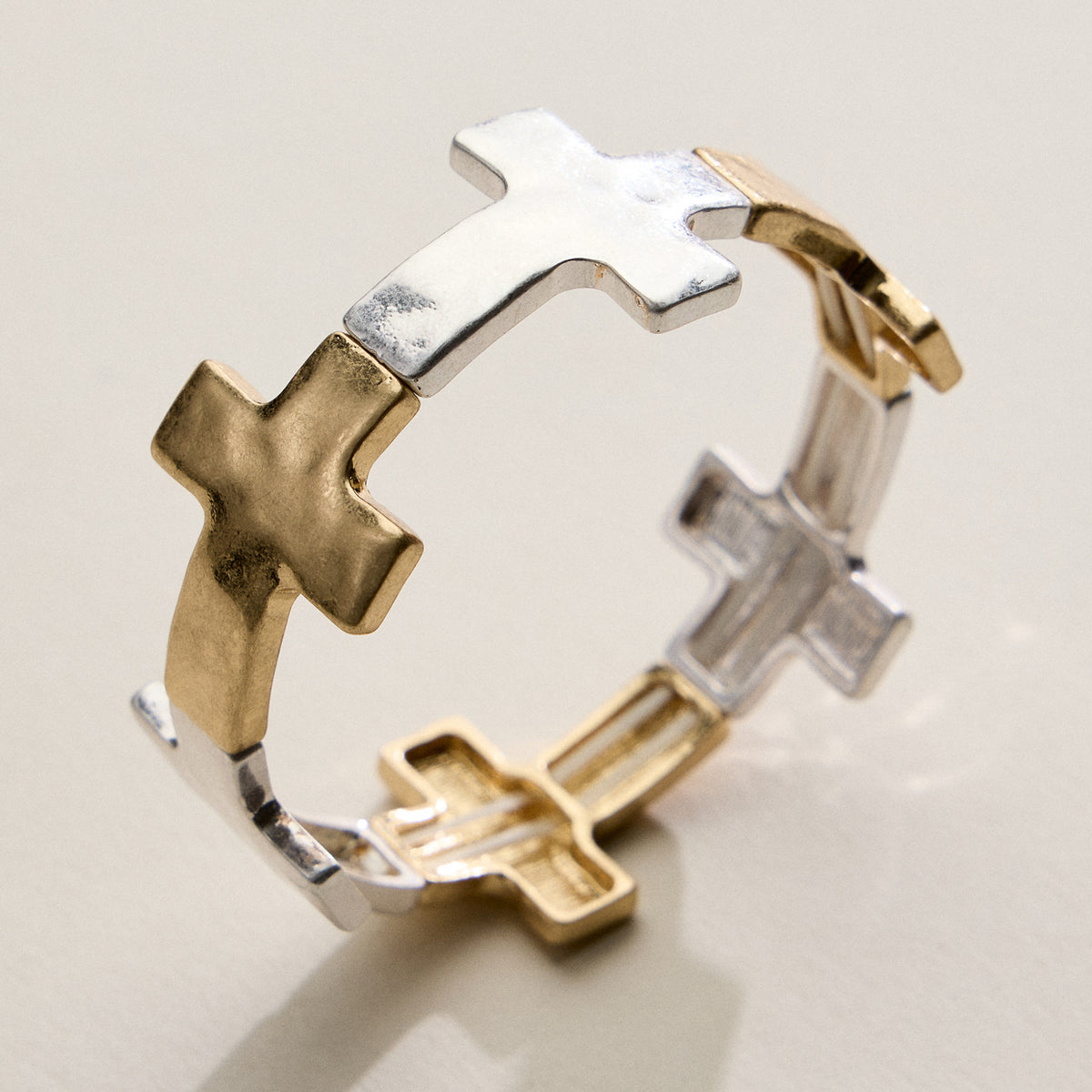 Two-Tone Cross Link Stretch Bracelet – Gold & Silver Statement Faith Jewelry