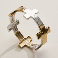 Two-Tone Cross Link Stretch Bracelet – Gold & Silver Statement Faith Jewelry