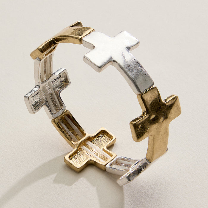 Two-Tone Cross Link Stretch Bracelet – Gold & Silver Statement Faith Jewelry
