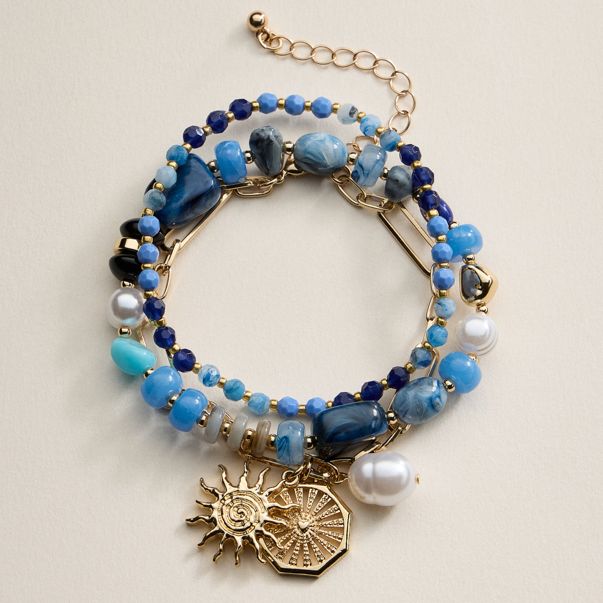 Beaded Bracelet Set – Mixed Gem-Style Beads, Gold Accents & Charms, Stretch Bracelets