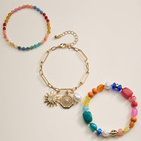 Beaded Bracelet Set – Mixed Gem-Style Beads, Gold Accents & Charms, Stretch Bracelets
