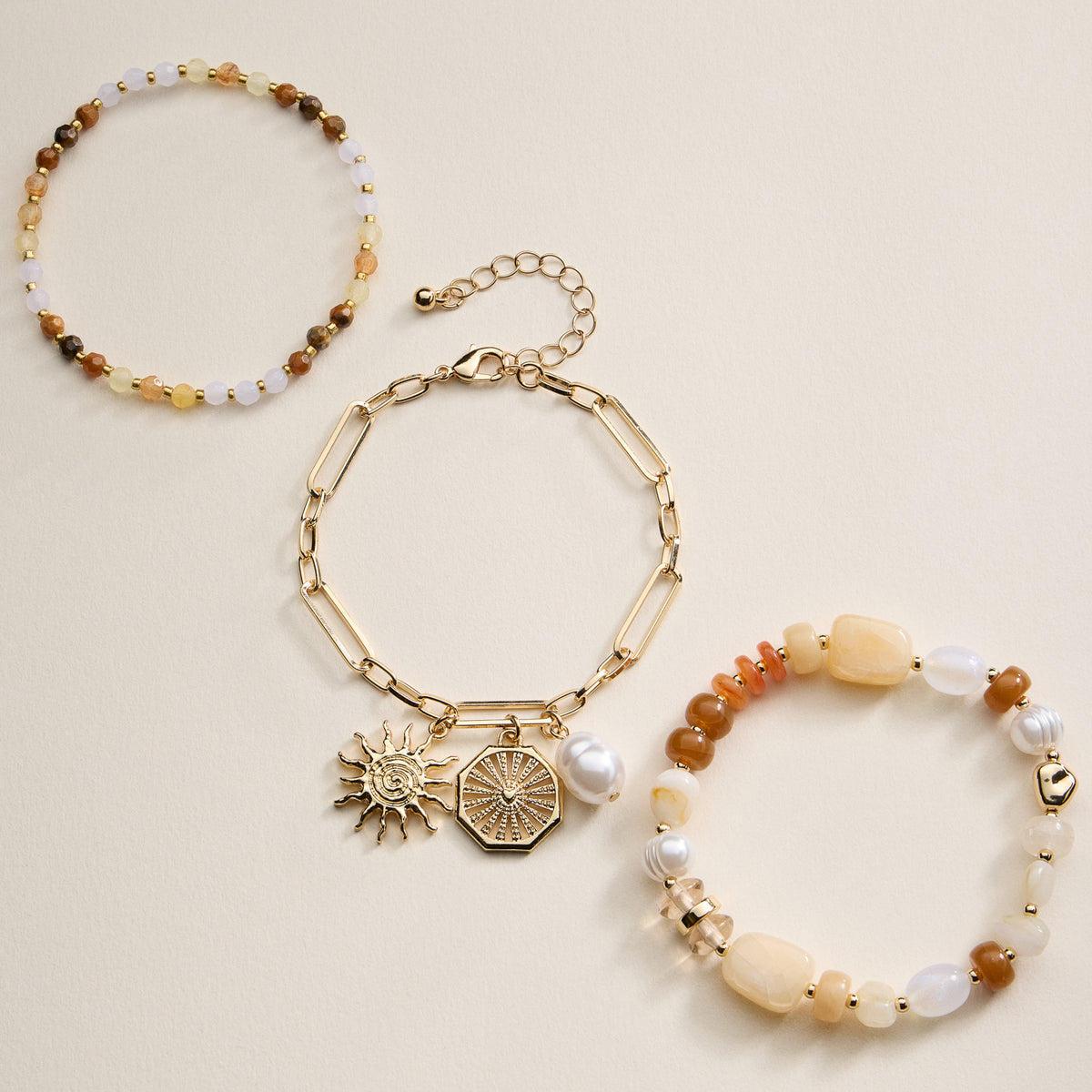 Beaded Bracelet Set – Mixed Gem-Style Beads, Gold Accents & Charms, Stretch Bracelets