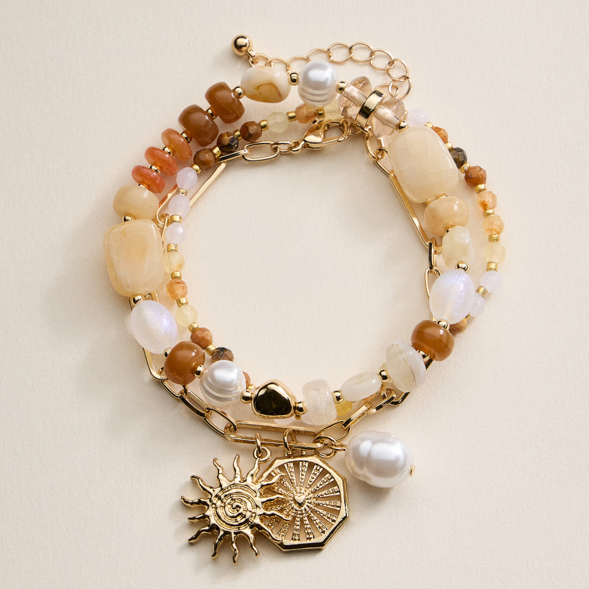 Beaded Bracelet Set – Mixed Gem-Style Beads, Gold Accents & Charms, Stretch Bracelets