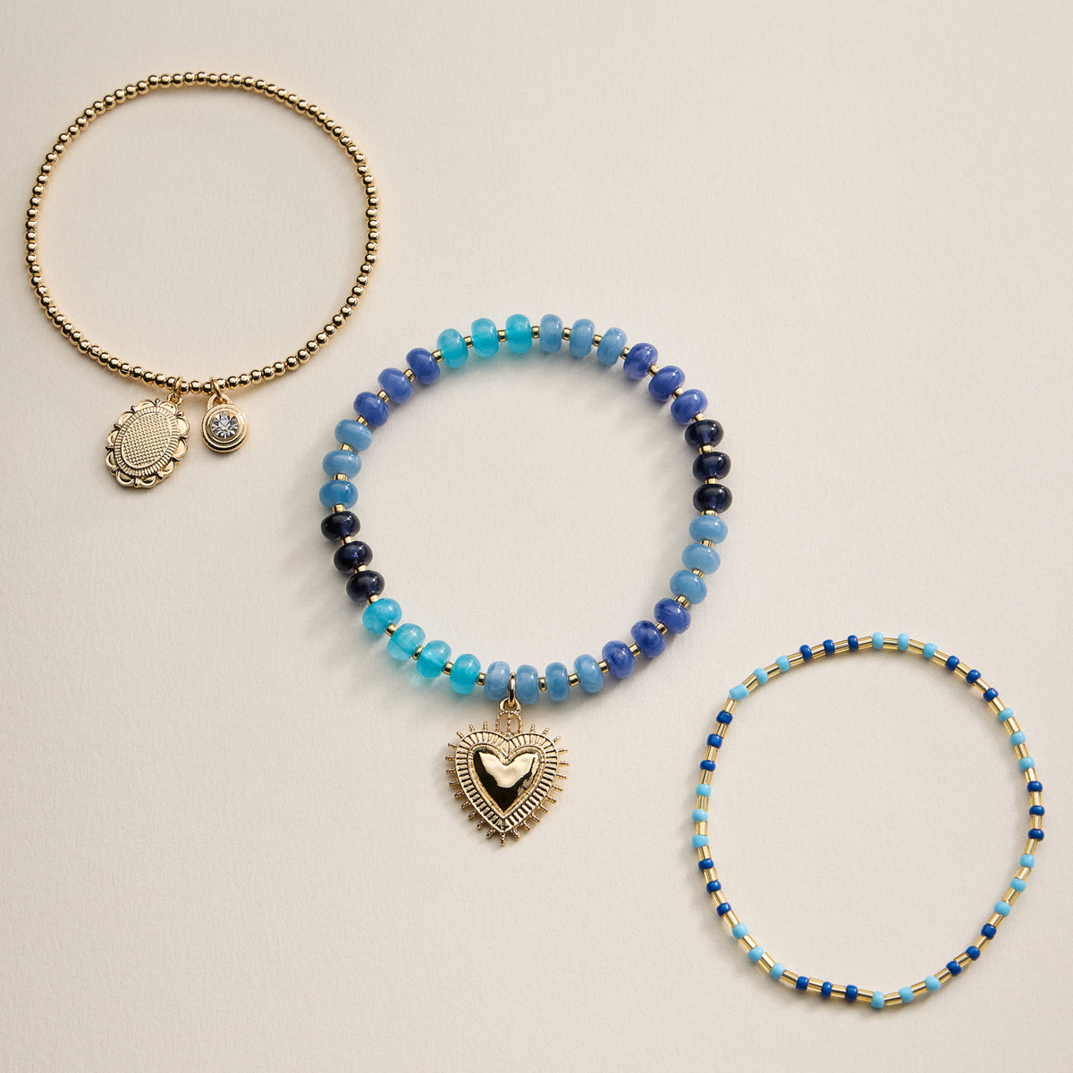Beaded Heart Charm Stretch Bracelet Set – 3-Piece Layered Stack with Gold Accents