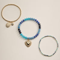 Beaded Heart Charm Stretch Bracelet Set – 3-Piece Layered Stack with Gold Accents