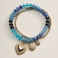 Beaded Heart Charm Stretch Bracelet Set – 3-Piece Layered Stack with Gold Accents
