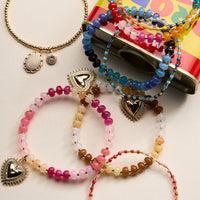 Beaded Heart Charm Stretch Bracelet Set – 3-Piece Layered Stack with Gold Accents
