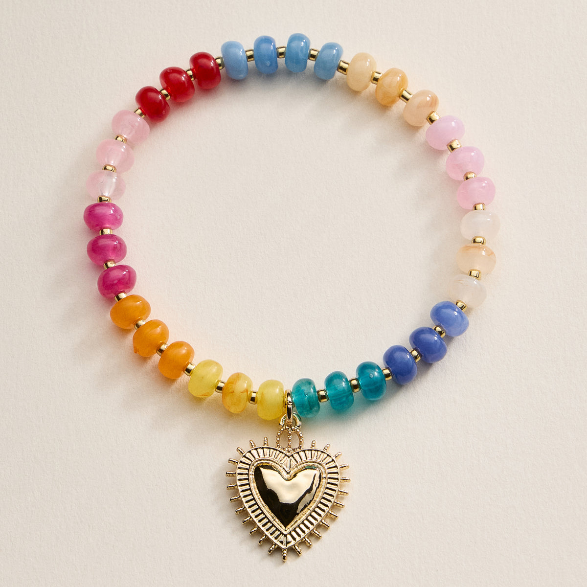 Beaded Heart Charm Stretch Bracelet Set – 3-Piece Layered Stack with Gold Accents