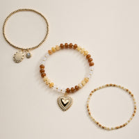 Beaded Heart Charm Stretch Bracelet Set – 3-Piece Layered Stack with Gold Accents