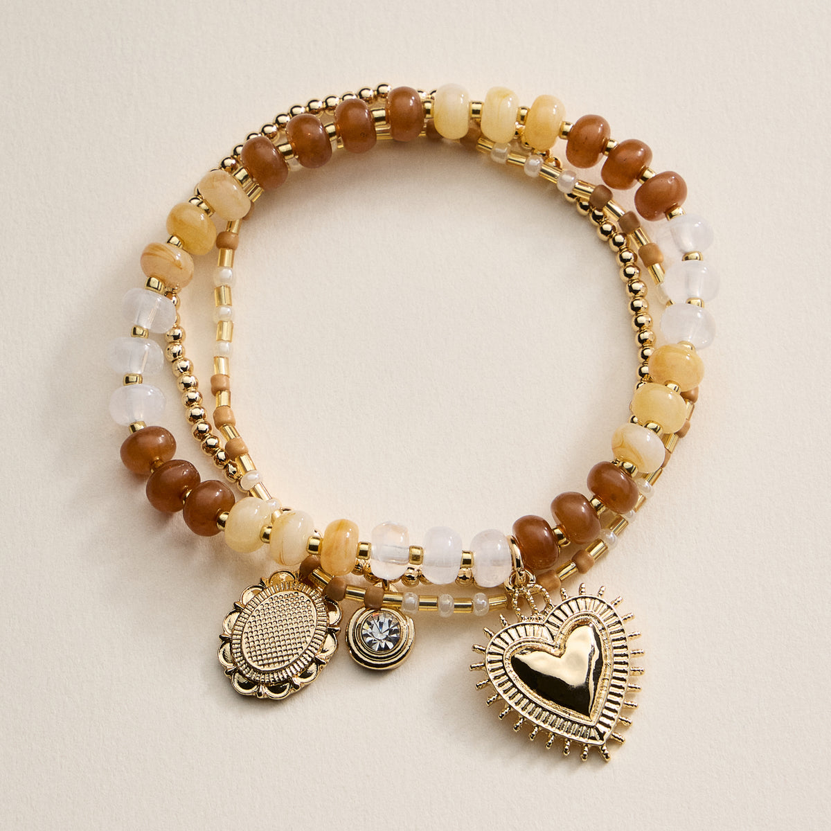 Beaded Heart Charm Stretch Bracelet Set – 3-Piece Layered Stack with Gold Accents