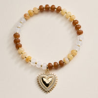 Beaded Heart Charm Stretch Bracelet Set – 3-Piece Layered Stack with Gold Accents