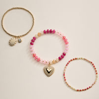 Beaded Heart Charm Stretch Bracelet Set – 3-Piece Layered Stack with Gold Accents