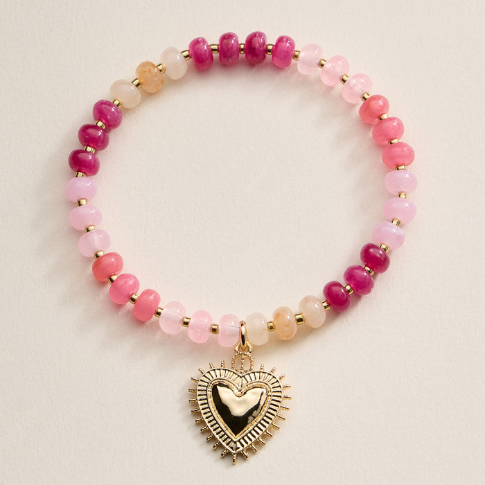 Beaded Heart Charm Stretch Bracelet Set – 3-Piece Layered Stack with Gold Accents