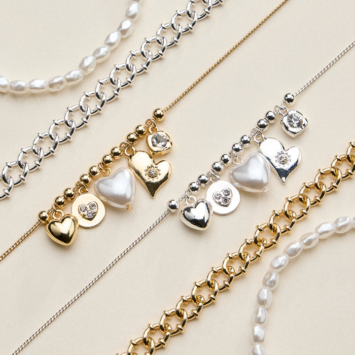 Heart Charm Bracelet Set for Women – Pearl & Chain Bracelets with CZ Heart Charms