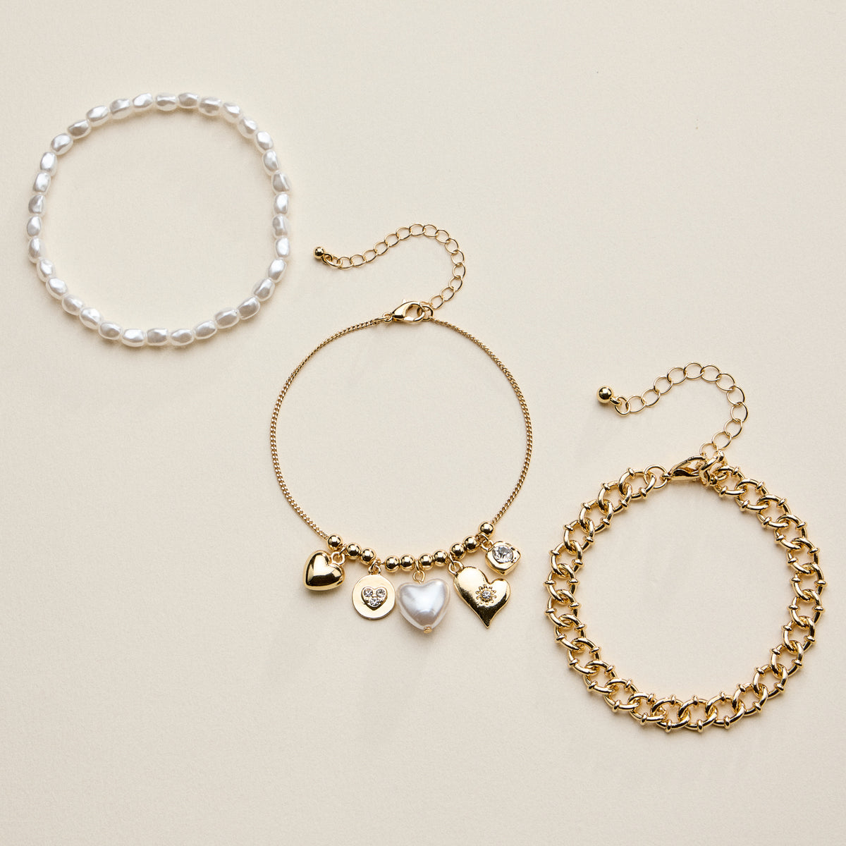 Heart Charm Bracelet Set for Women – Pearl & Chain Bracelets with CZ Heart Charms