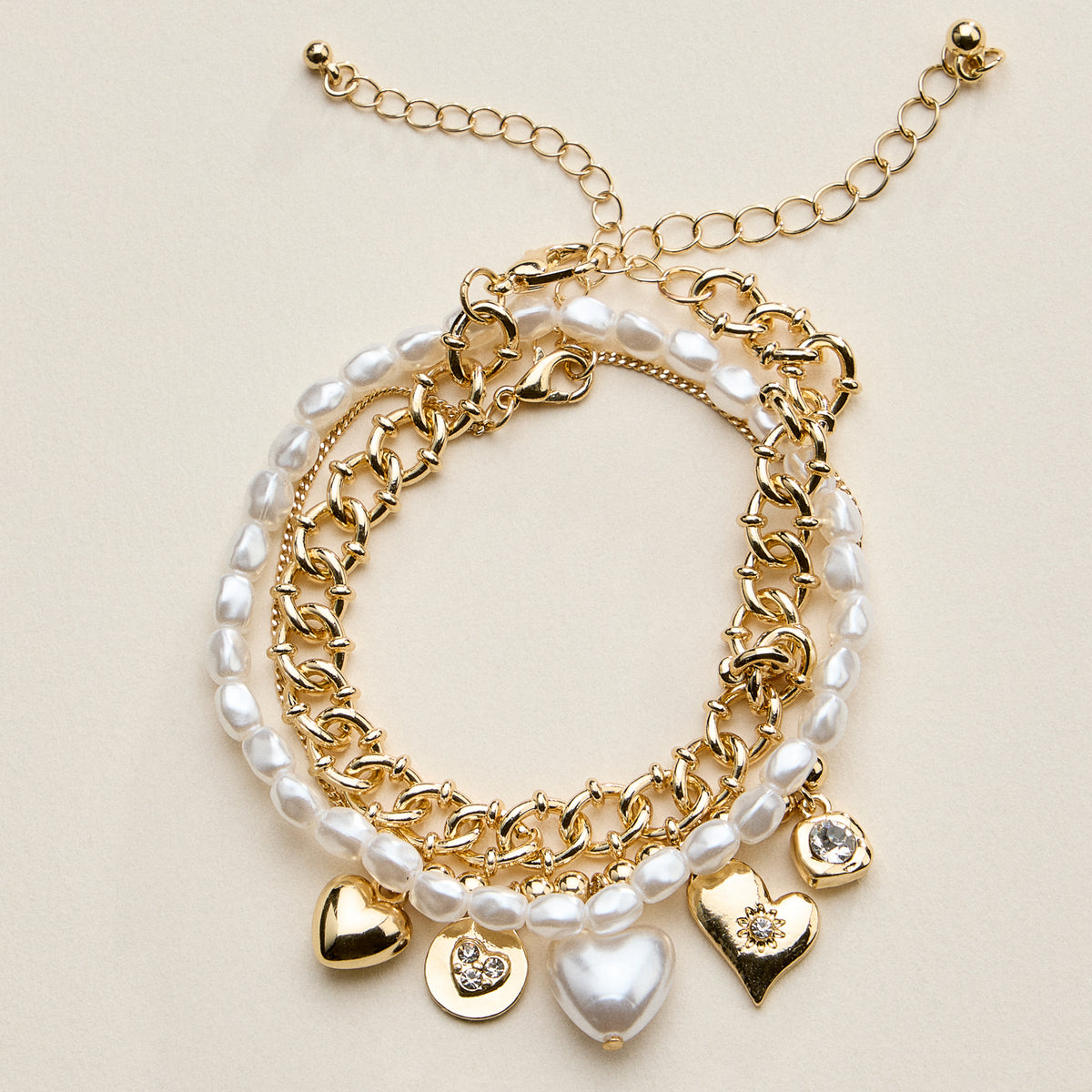 Heart Charm Bracelet Set for Women – Pearl & Chain Bracelets with CZ Heart Charms