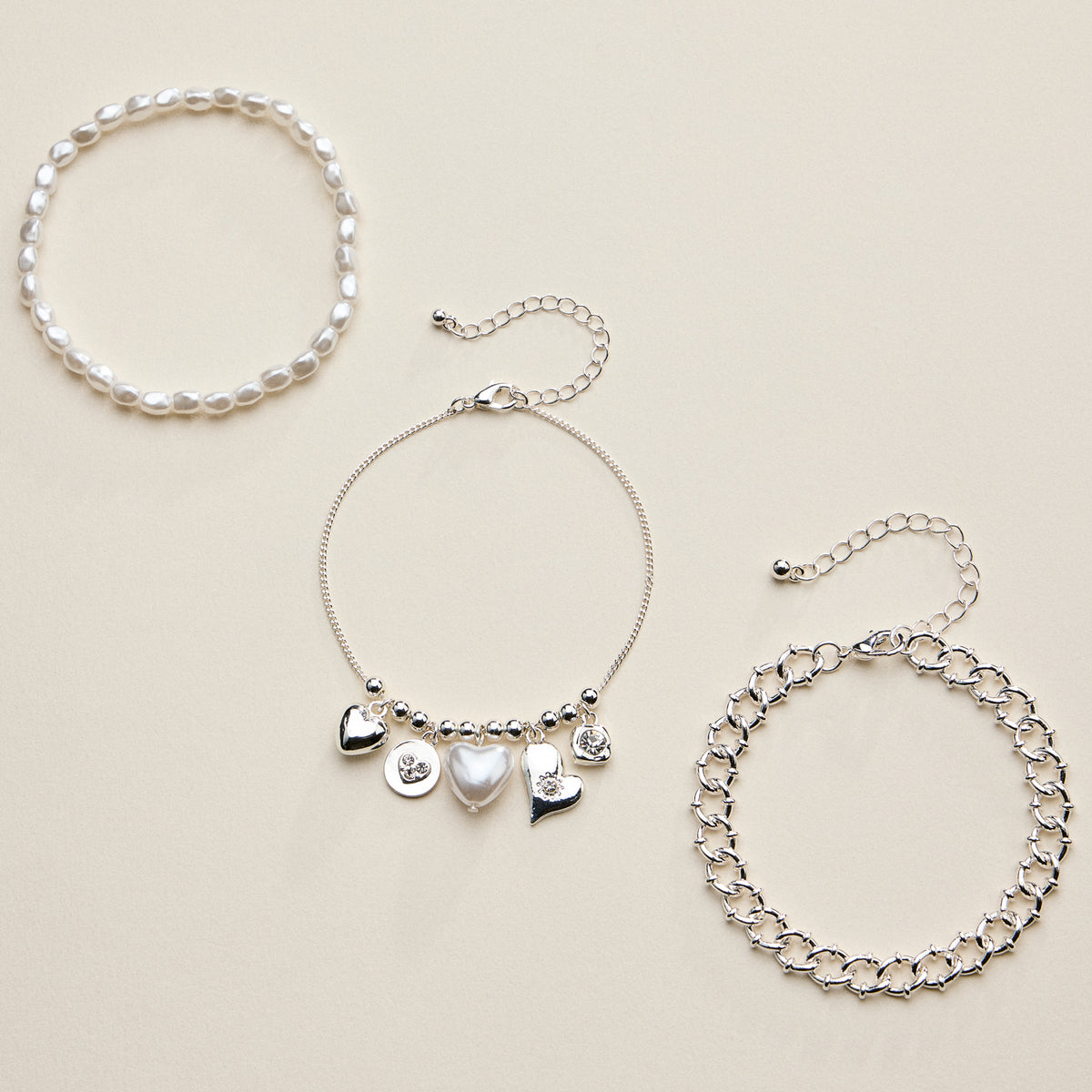 Heart Charm Bracelet Set for Women – Pearl & Chain Bracelets with CZ Heart Charms