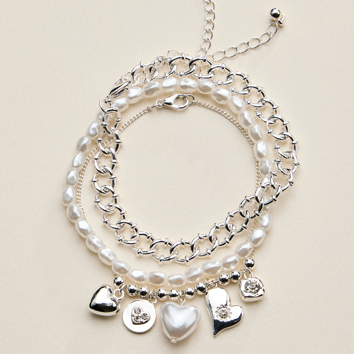 Heart Charm Bracelet Set for Women – Pearl & Chain Bracelets with CZ Heart Charms