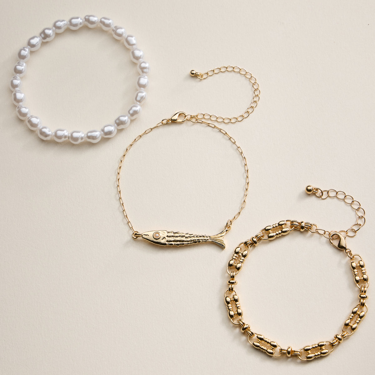 Gold Fish Charm & Pearl Beaded 3-Piece Layered Chain Bracelet
