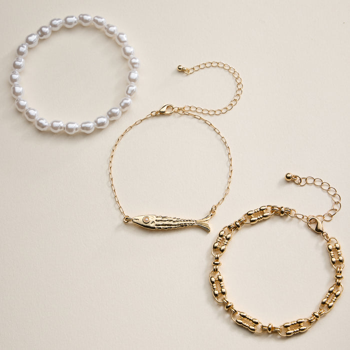 Gold Fish Charm & Pearl Beaded 3-Piece Layered Chain Bracelet