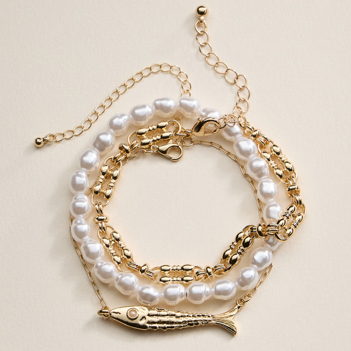 Gold Fish Charm & Pearl Beaded 3-Piece Layered Chain Bracelet