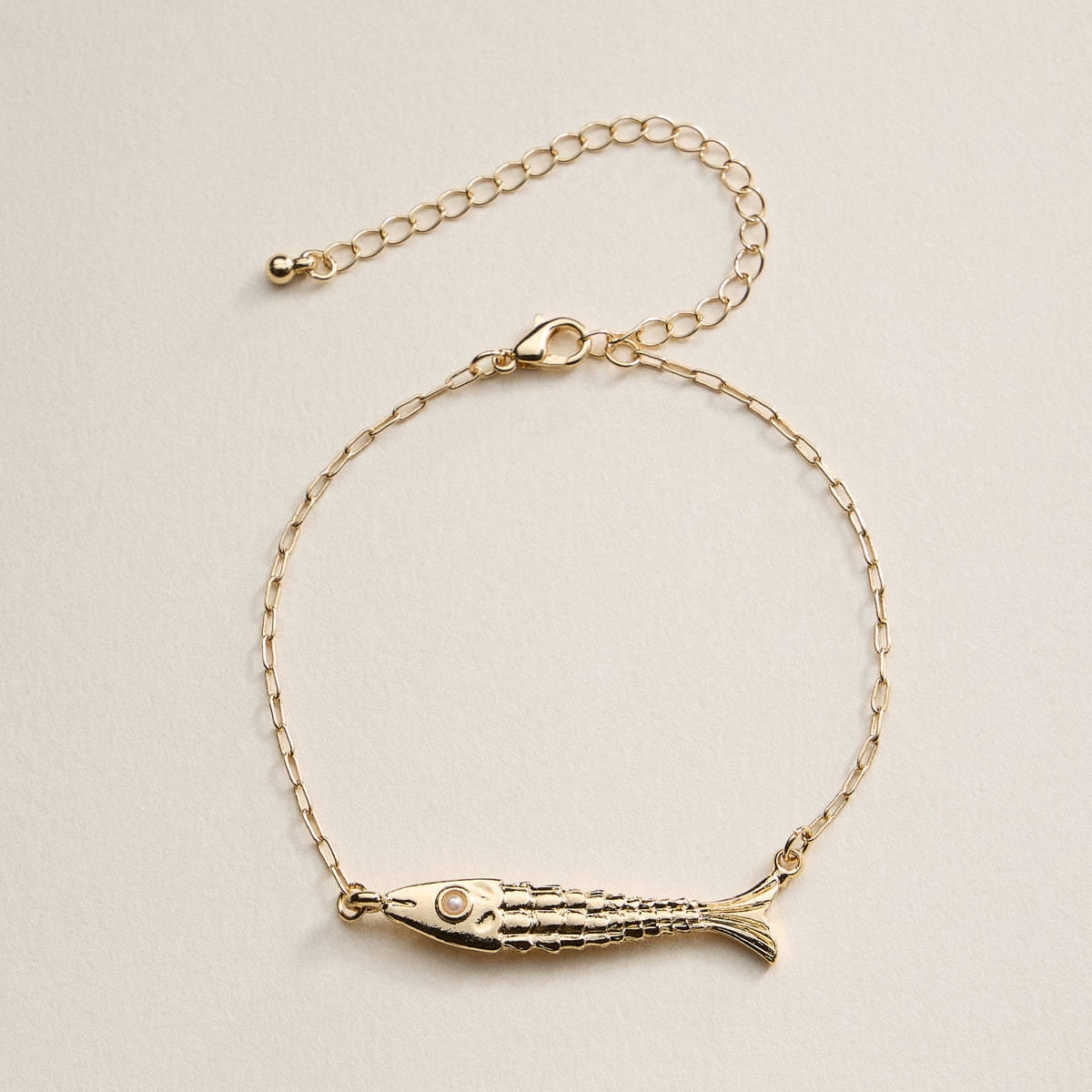 Gold Fish Charm & Pearl Beaded 3-Piece Layered Chain Bracelet