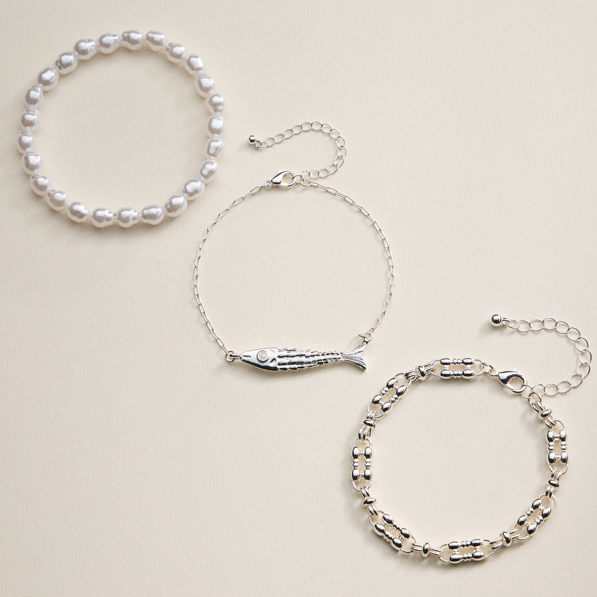 Gold Fish Charm & Pearl Beaded 3-Piece Layered Chain Bracelet