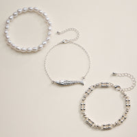 Gold Fish Charm & Pearl Beaded 3-Piece Layered Chain Bracelet