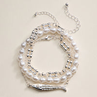 Gold Fish Charm & Pearl Beaded 3-Piece Layered Chain Bracelet