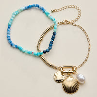 Beaded Shell Charm Bracelet for Women – Multicolor Bead Bracelet with Pearl & Gold Charms