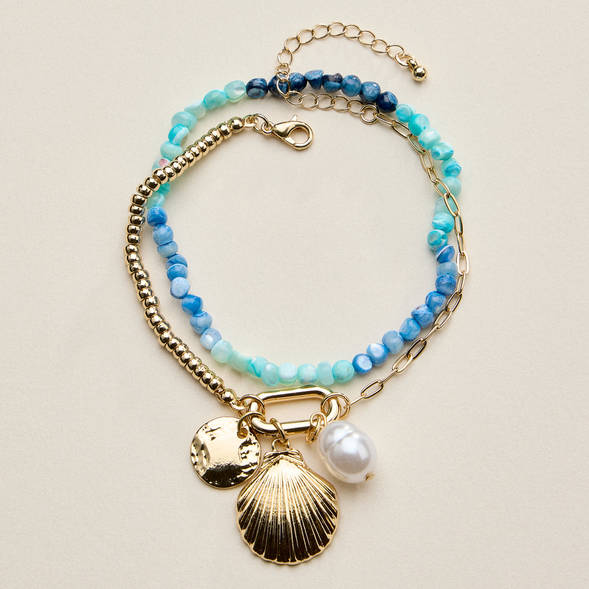 Beaded Shell Charm Bracelet for Women – Multicolor Bead Bracelet with Pearl & Gold Charms