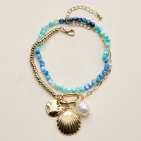 Beaded Shell Charm Bracelet for Women – Multicolor Bead Bracelet with Pearl & Gold Charms