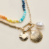 Beaded Shell Charm Bracelet for Women – Multicolor Bead Bracelet with Pearl & Gold Charms