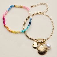 Beaded Shell Charm Bracelet for Women – Multicolor Bead Bracelet with Pearl & Gold Charms